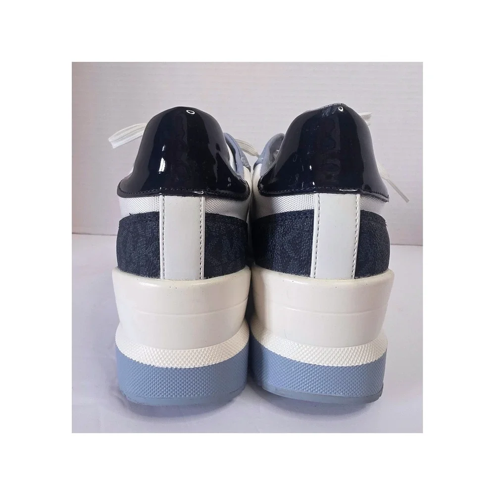 Michael Kors Georgie Wedge Sneakers Blue White MK Logo Shoes 9.5M Worn 1X